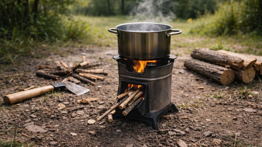 Rocket stove burning small sticks to cook a pot of boiling water in an off-grid outdoor setting