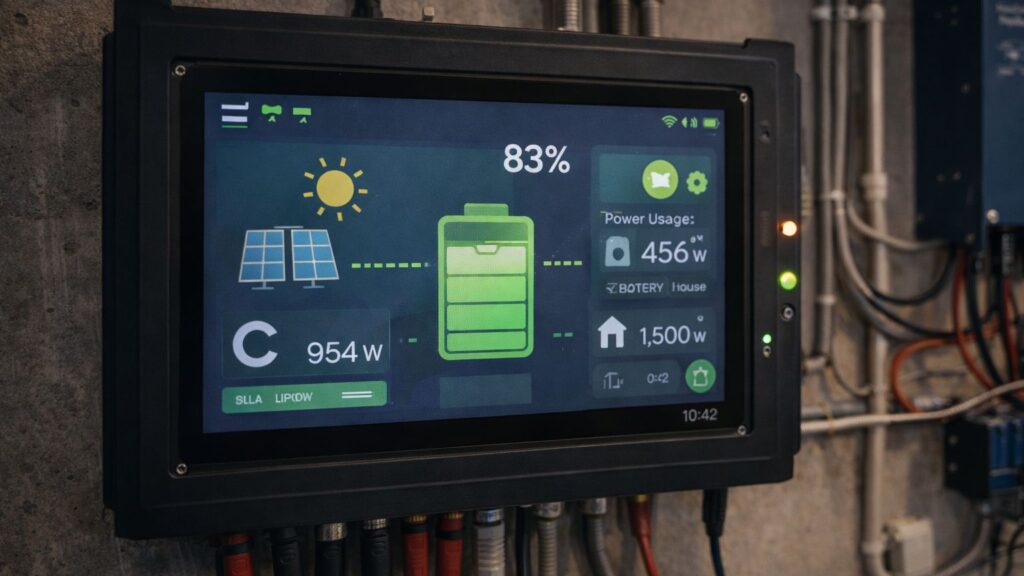 off grid energy monitoring system displaying solar input battery level and power usage