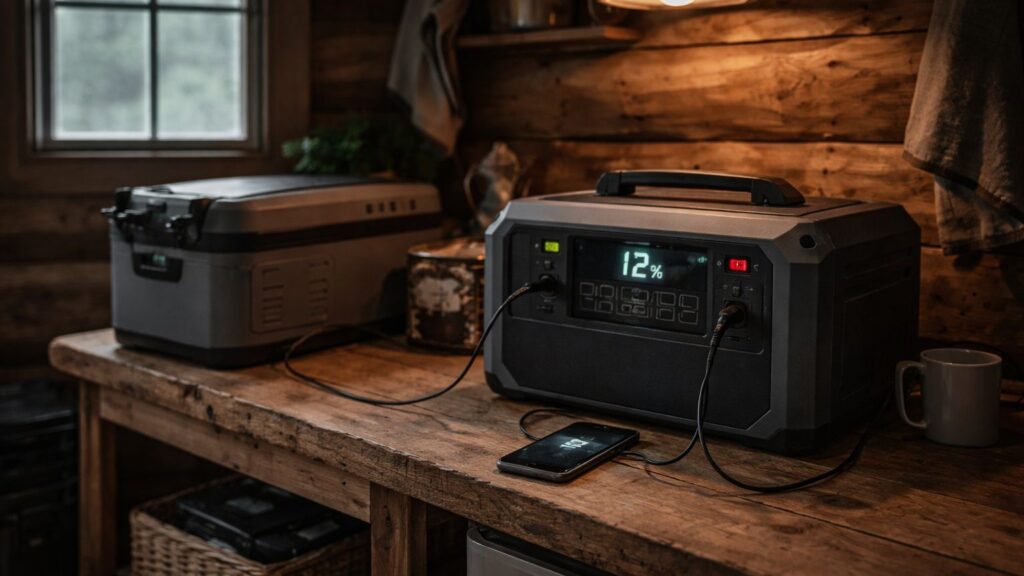 Portable solar generator running low on battery while powering fridge and phone in off-grid cabin