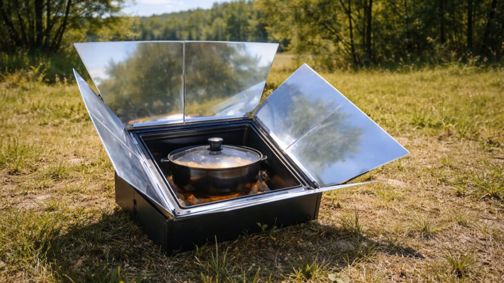 Solar oven cooking food outdoors using reflected sunlight in an off-grid setup