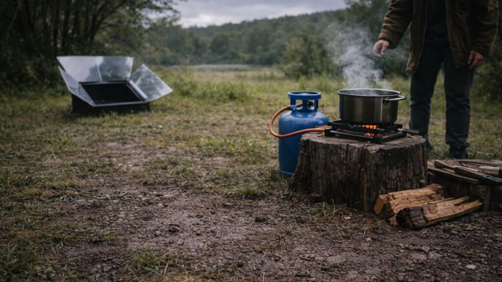 Propane stove in use during cloudy weather with a solar oven sitting unused in the background