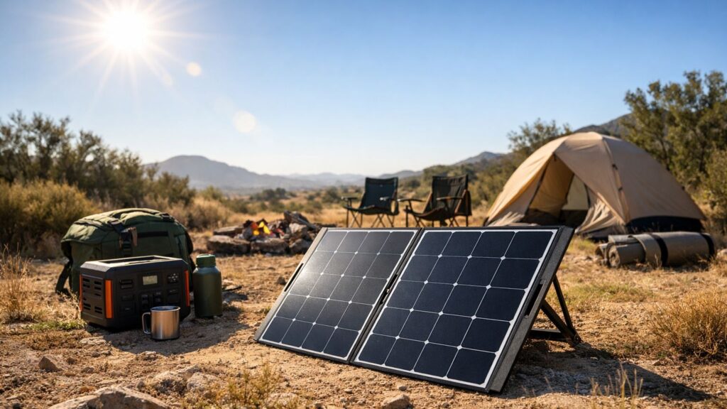 Portable folding solar panel positioned at an angle toward direct sunlight in an off-grid campsite