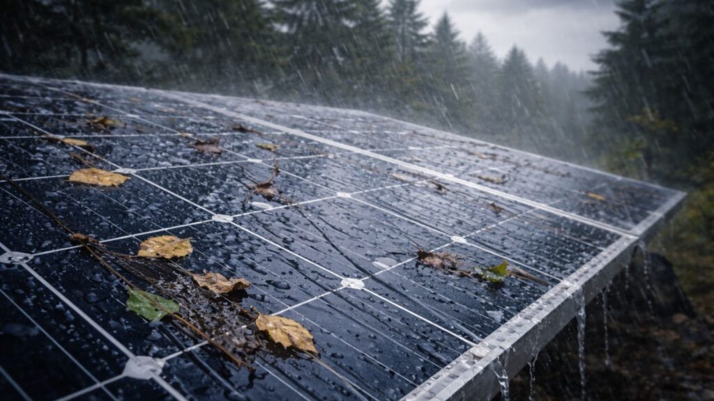 solar panel covered with leaves and rainwater reducing efficiency during storm