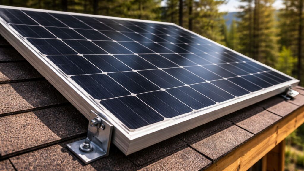 Close-up of a rigid solar panel installed on a cabin roof showing mounting brackets and aluminum frame