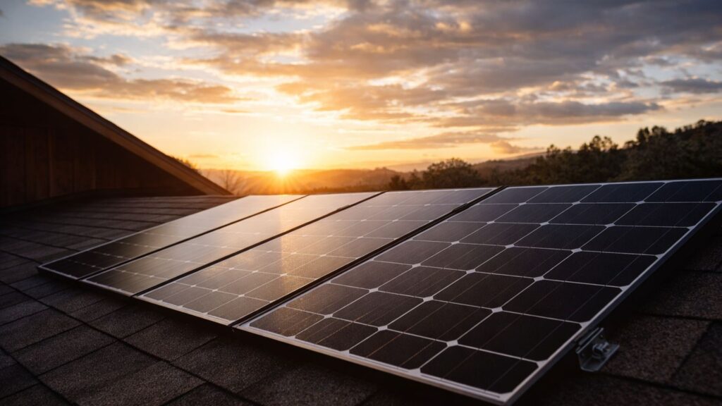 Solar panels mounted on a roof receiving low-angle sunlight during sunset in an off-grid setting