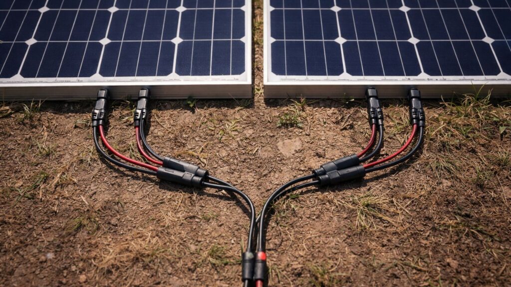Two solar panels connected in parallel using MC4 Y-connectors combining positive and negative leads