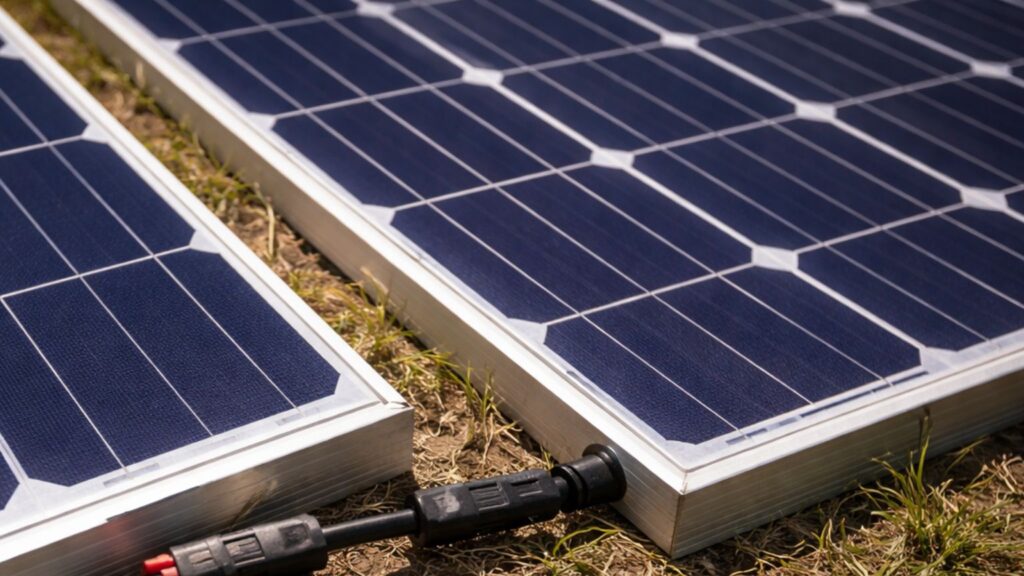 Two solar panels connected in series using MC4 connectors showing positive to negative connection