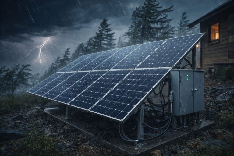 off-grid solar panels in heavy rain and lightning storm with weatherproof mounting and electrical system