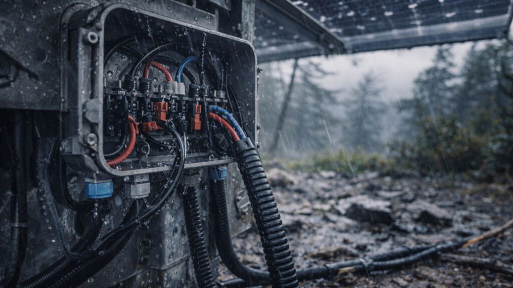 close up of solar wiring and junction box exposed to rain showing potential failure point