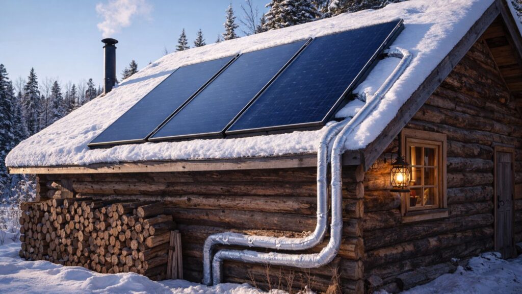 Off-grid cabin with roof-mounted solar thermal panels and insulated piping in winter