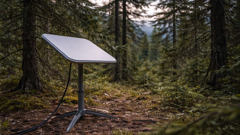 satellite internet dish in dense forest with limited sky visibility affecting signal