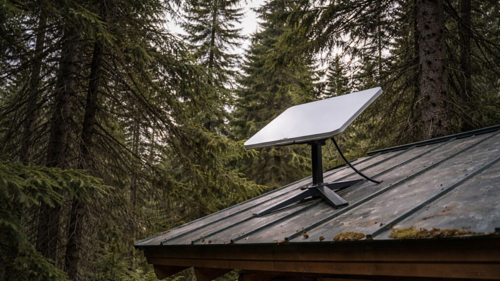 satellite internet dish mounted on cabin roof surrounded by dense trees limiting sky visibility