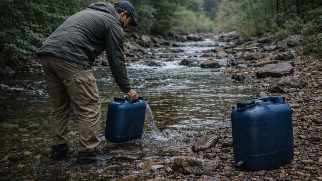 Person standing in a shallow river filling a large container with untreated surface water in a wilderness setting