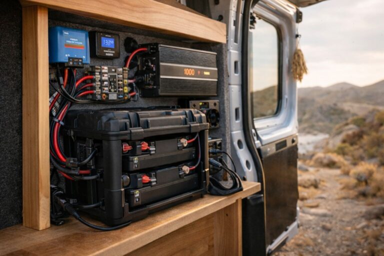 vanlife modular off-grid battery system with lithium batteries inverter wiring and portable solar power setup