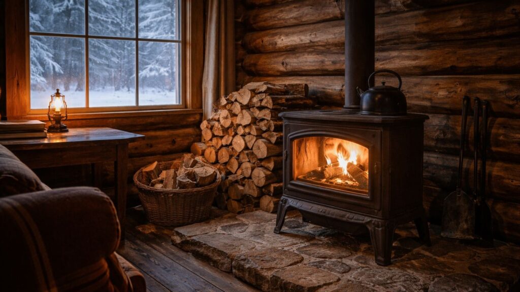 wood stove heating interior of off grid cabin during winter with firewood stacked nearby