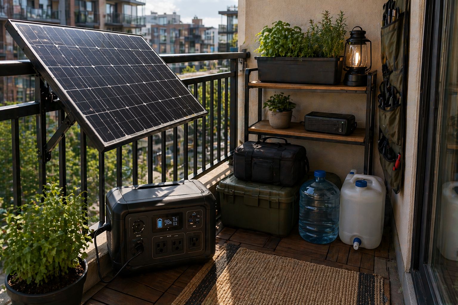 Apartment balcony with compact off-grid setup including solar panel, portable power station, and water storage containers
