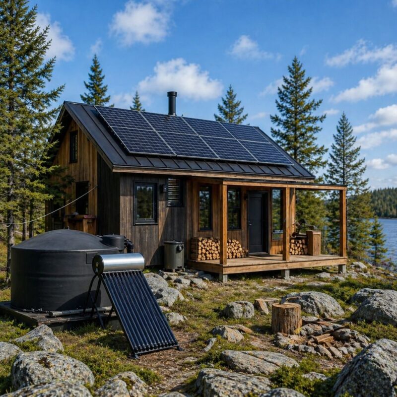 Modern off-grid cabin combining traditional structure with solar technology