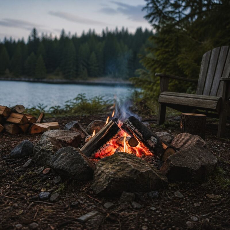 Campfire scene in an off-grid setting with calm atmosphere