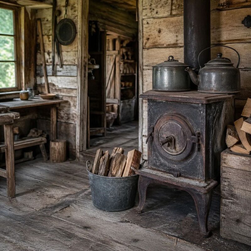 Traditional off-grid homestead with aged cabin and tools