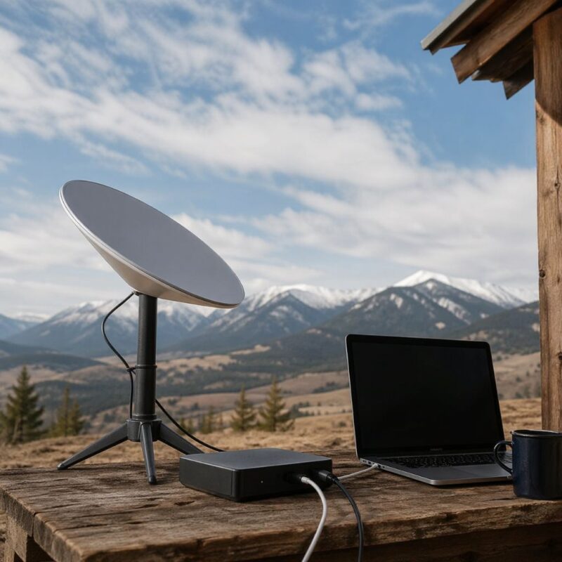 Satellite dish and router providing internet access in an off-grid environment