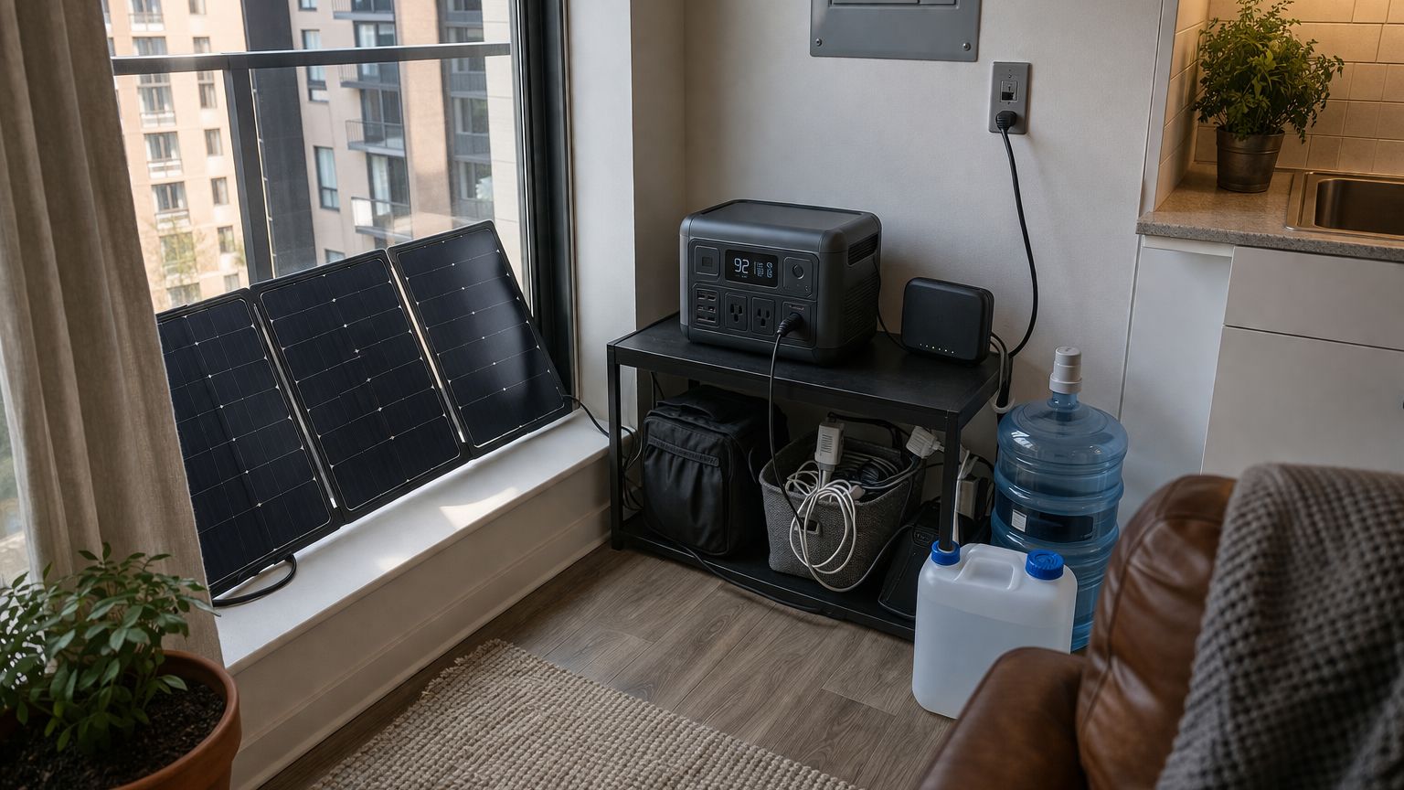 compact apartment off-grid system with portable power station, foldable solar panel by window, and stored water containers