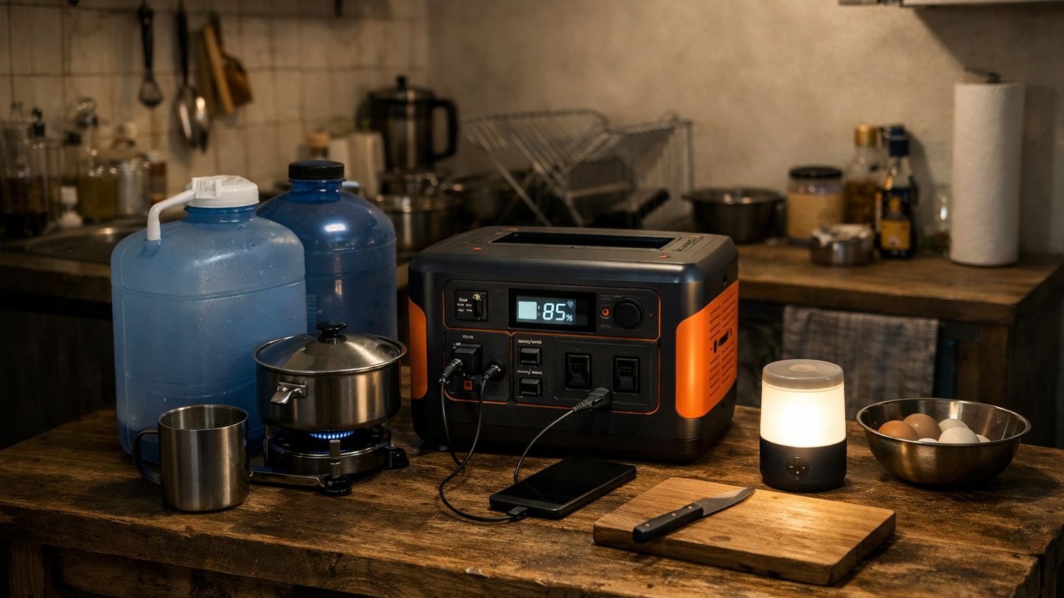 compact off-grid starter setup in apartment with portable power station, LED light, water containers, and simple