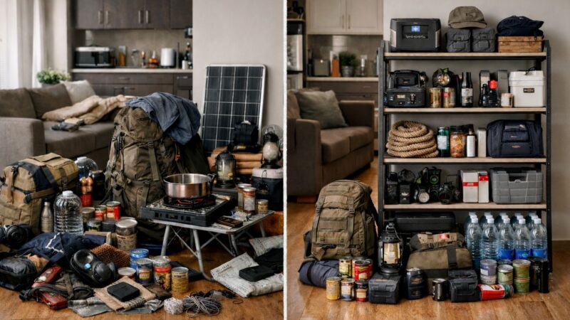 apartment showing messy prepper gear versus clean organized setup side by side