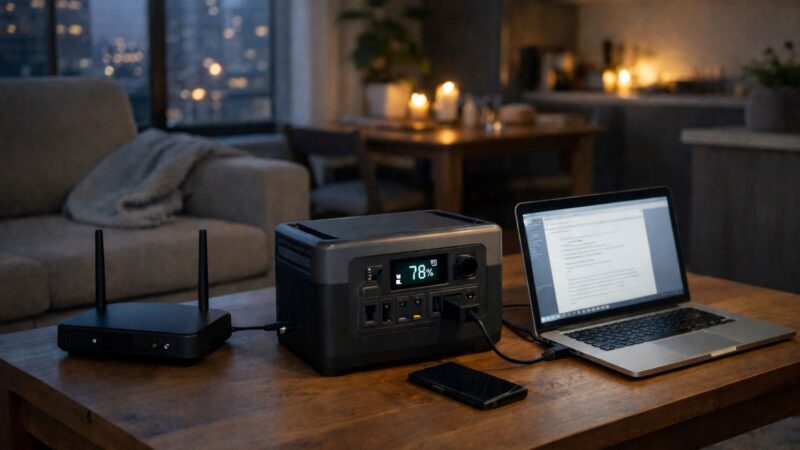 portable power station running laptop and router during apartment blackout with soft lighting and urban interior