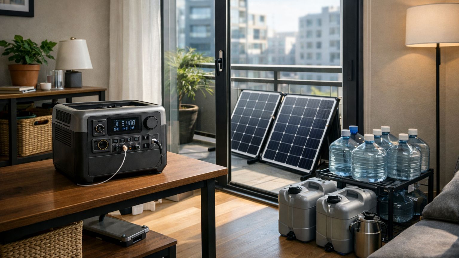 Urban apartment off-grid setup with portable power station, balcony solar panels, and organized water storage indoors
