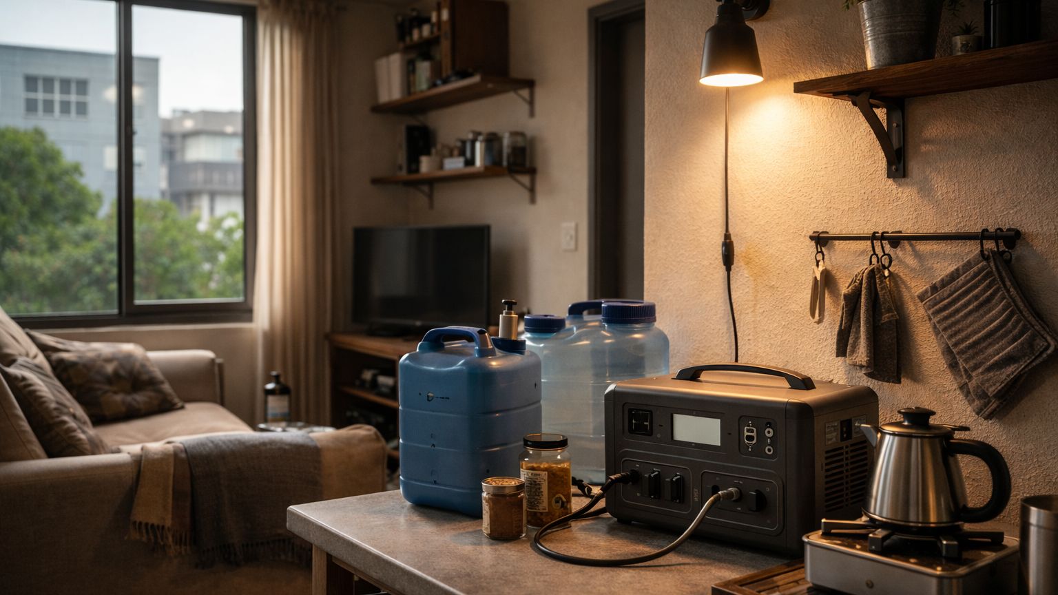 small apartment off-grid starter setup with portable power station, water containers, LED light, and compact cooking gear