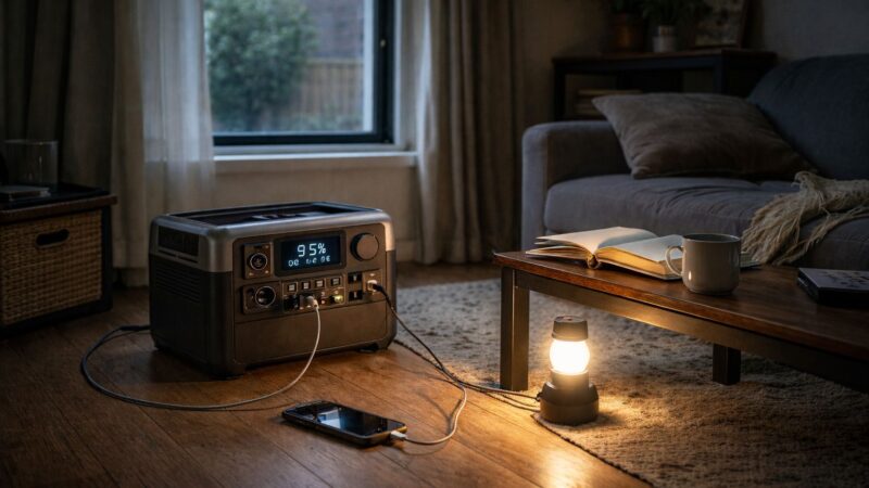 Small apartment during a power outage with portable power station charging a phone and powering a small LED light in a lived-in space