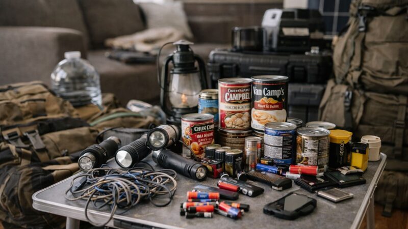 cluttered emergency preparedness gear on a table in a modern apartment including flashlights, canned food, batteries, and tangled cables