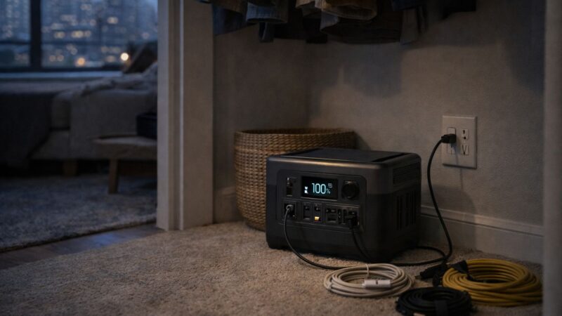 portable power station on apartment floor near wall outlet with organized cables powering small devices during outage