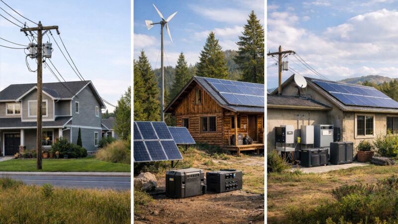 Three-way comparison showing grid-tied home connected to power lines, off-grid rural cabin with solar and batteries, and hybrid home combining both systems