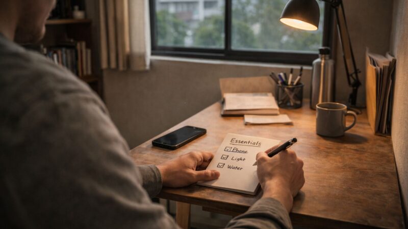 person writing a simple off-grid essentials checklist at a small apartment desk with phone, light, and water listed
