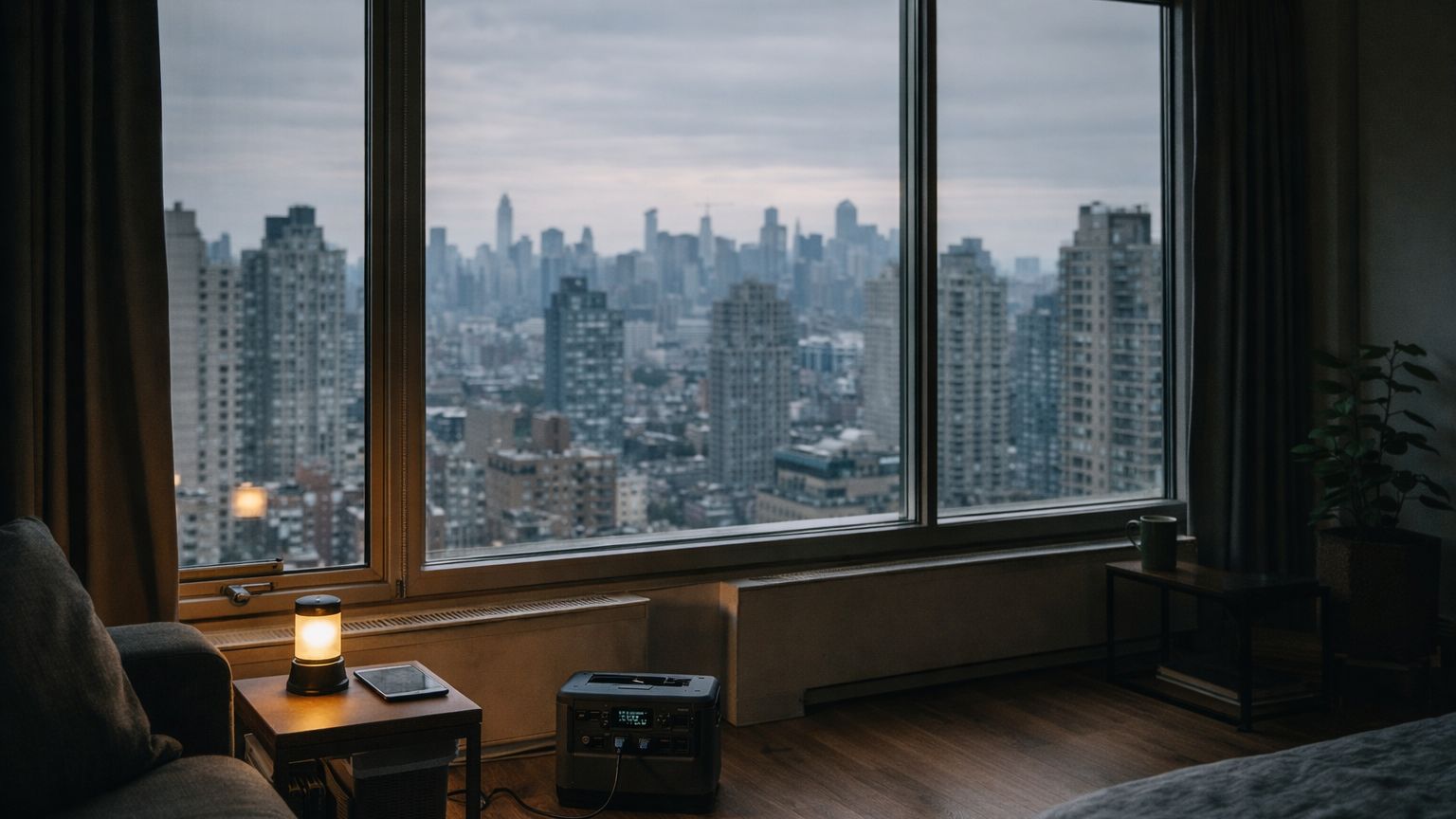 View from inside a modern apartment overlooking a dense city skyline with a subtle off-grid setup including a portable power station and backup lighting
