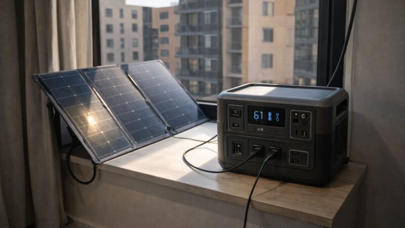 portable power station charging from foldable solar panel near apartment window with city buildings limiting sunlight