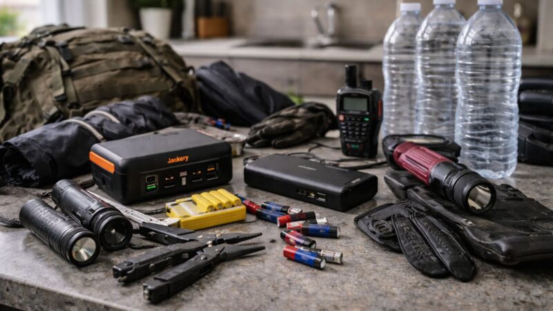 disorganized emergency gear on a kitchen counter including power banks, water bottles, tools, flashlights, and batteries in an apartment