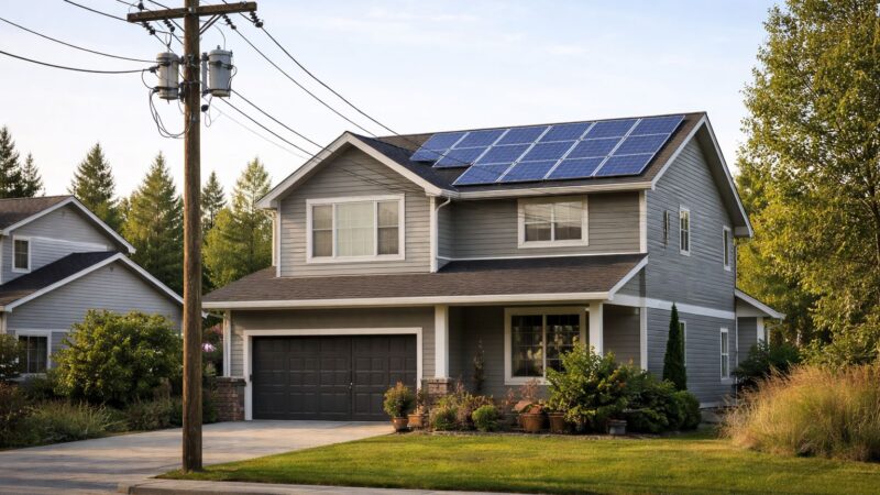 suburban house with rooftop solar panels connected to overhead utility power lines and grid infrastructure
