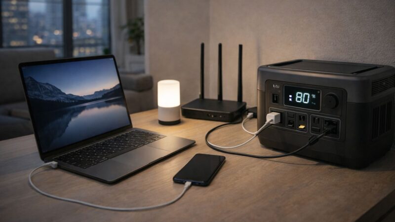 laptop smartphone router and LED light powered by portable power station on a desk in a modern apartment