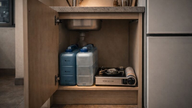 compact apartment cabinet storing water containers and a butane stove in a clean, space-efficient layout