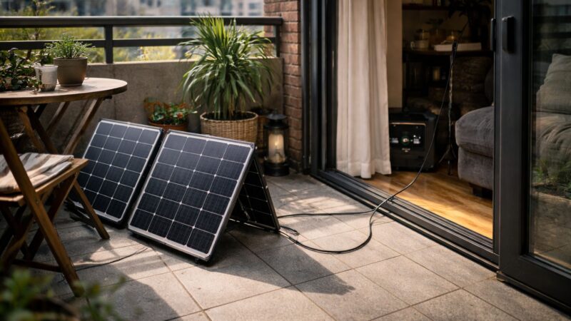 Foldable solar panels on a small apartment balcony with partial sunlight and shadows from nearby buildings, cable running inside to a power station