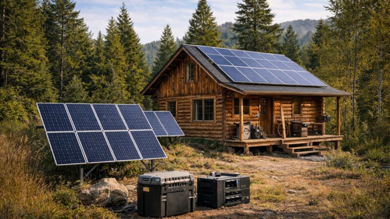 remote cabin with solar panels and battery storage in a natural landscape with no power lines
