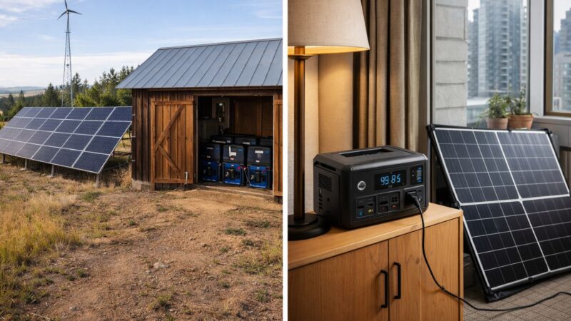 Side-by-side comparison of rural solar array with battery shed and compact apartment portable power station setup