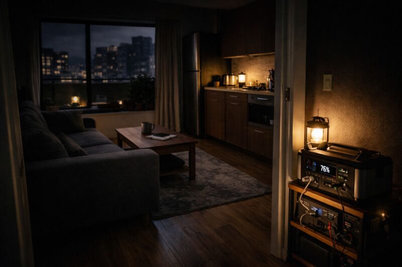 wide view of an apartment showing a small off-grid system powering select areas while the rest remains dark during an outage