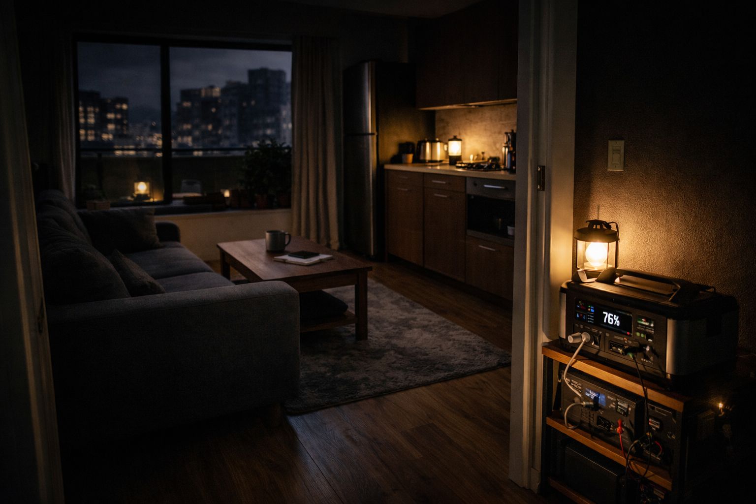 wide view of an apartment showing a small off-grid system powering select areas while the rest remains dark during an outage