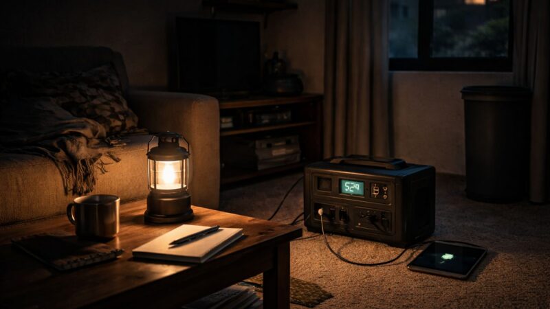 dark apartment lit by a single LED lantern with portable power station running devices during a simulated outage