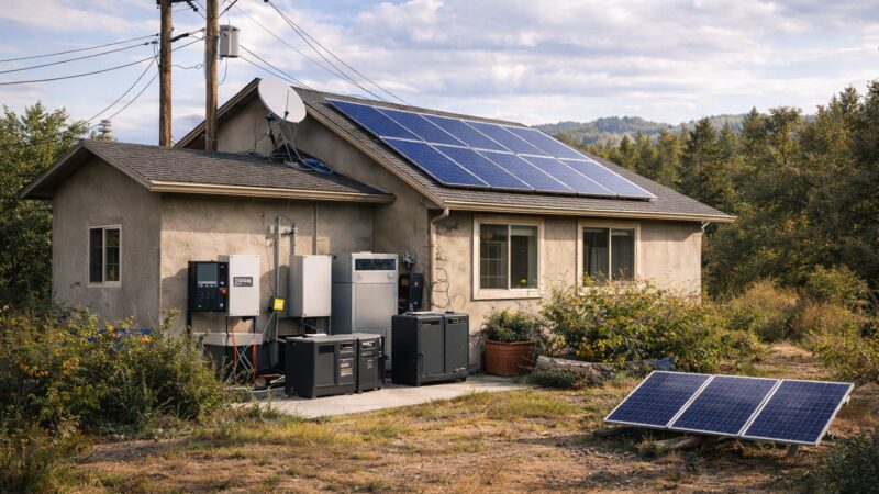 modern home with solar panels, battery storage system, and visible grid power connection