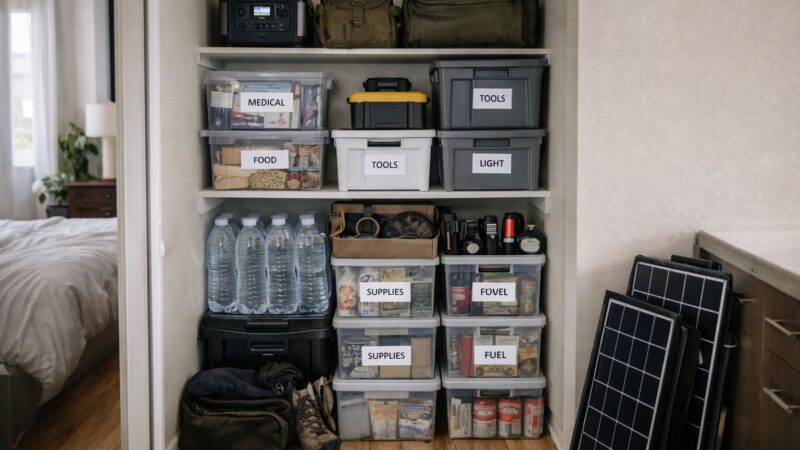 neatly organized preparedness supplies in an apartment closet with labeled storage bins and grouped gear