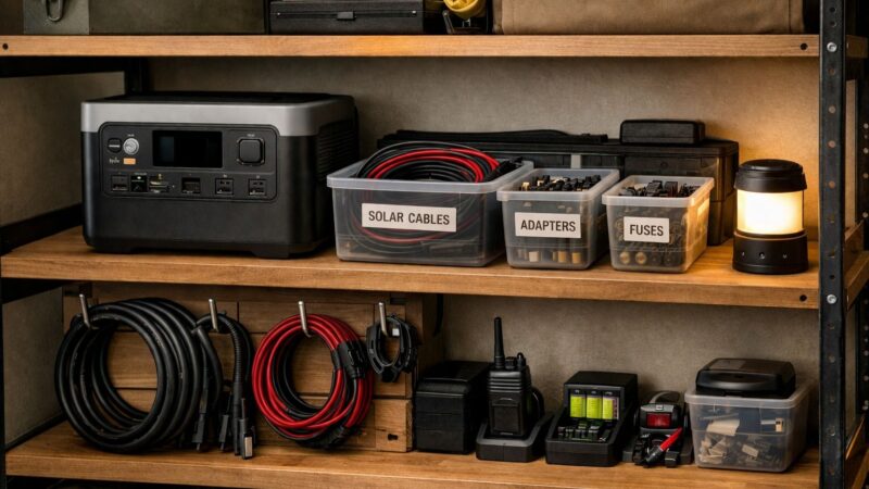 Organized apartment off-grid shelf setup with portable power station turned off, labeled cable bins, coiled wires, and LED light
